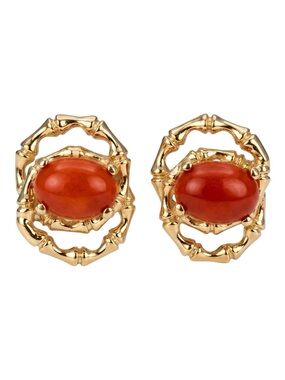Vintage Estate Solid 14k Yellow Gold Orange Coral Bamboo Earrings! Price firm.